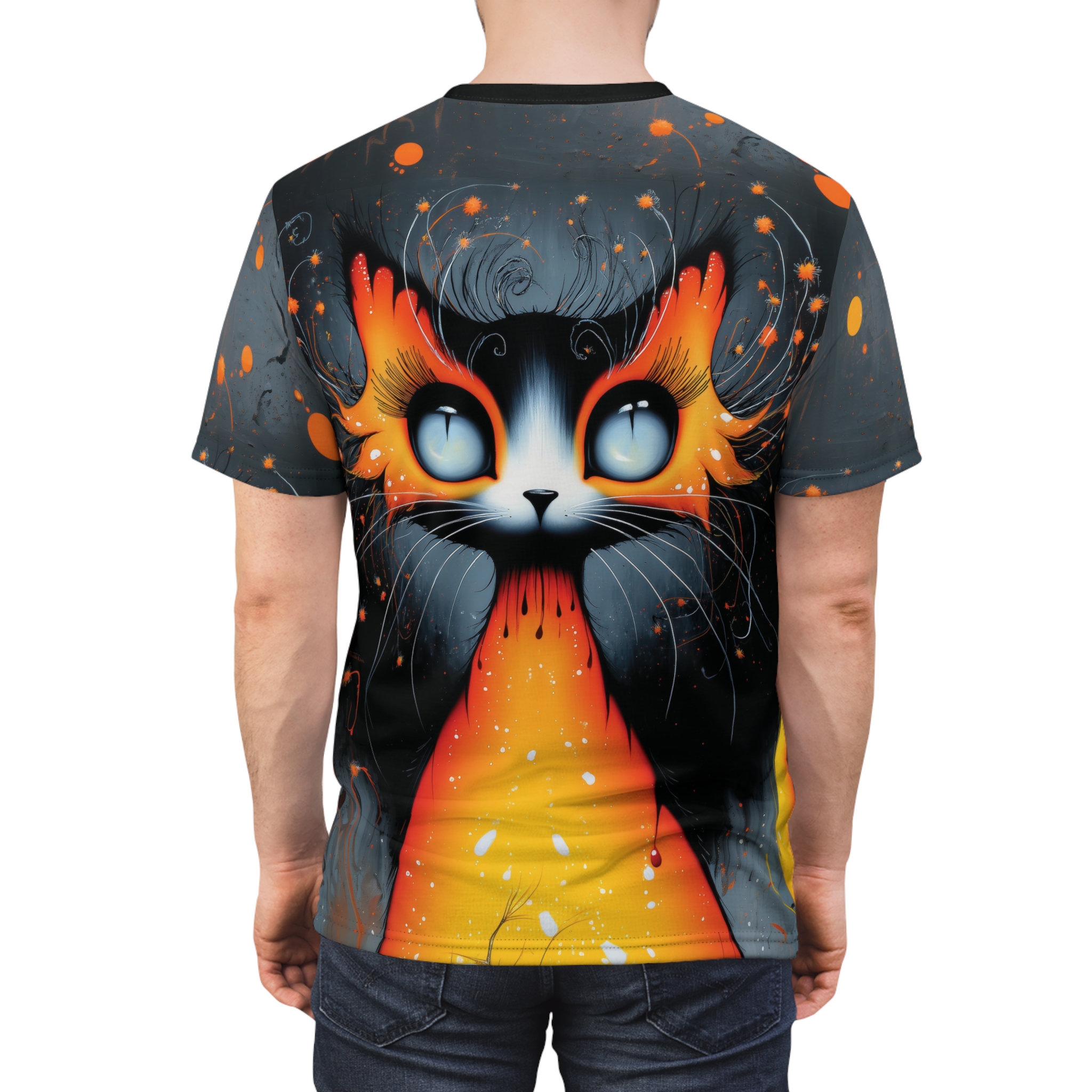 Fiery Cat Graphic Tee - Unique Unisex All Over Print T-Shirt - Image 2