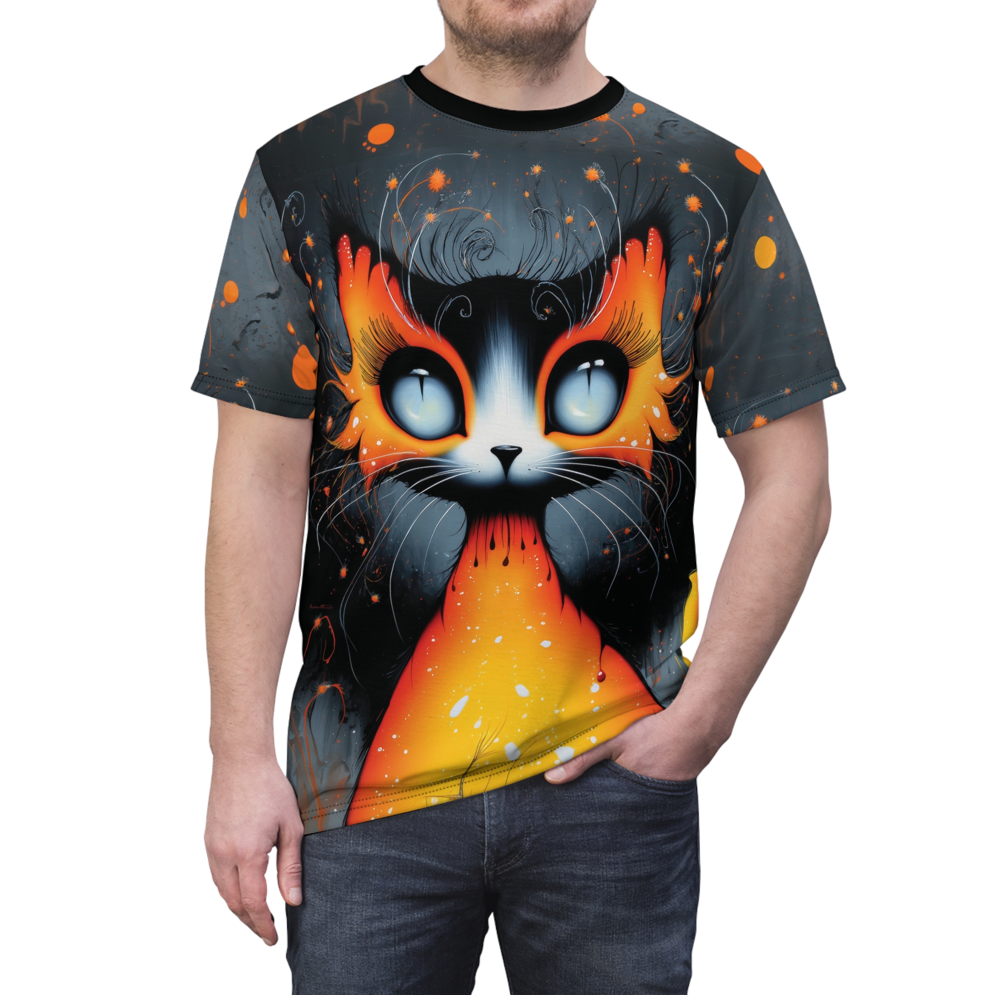 Fiery Cat Graphic Tee - Unique Unisex All Over Print T-Shirt