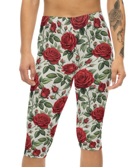 Chic Floral Rose Capri Leggings, Trendy Athleisure Wear, Fitness & Casual Style
