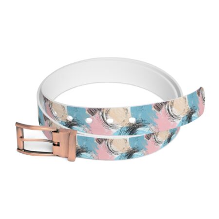 Belt with an abstract pastel swirl pattern and copper buckle.