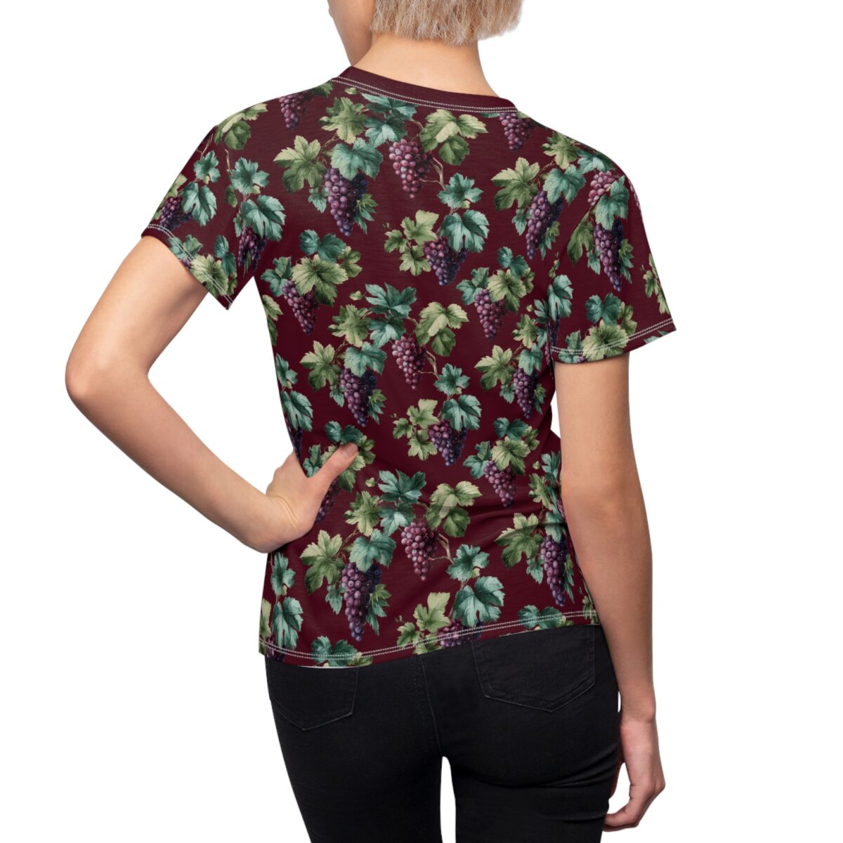 Burgundy all over print sublimation tee, featuring a vintage grapevine botanical graphic with purple grapes and green leaves.