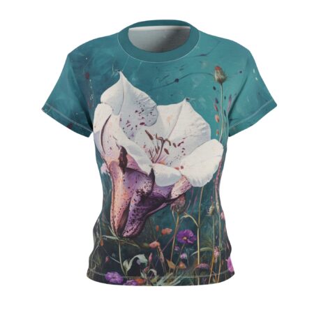 Painterly all over print sublimation tee, featuring a large white lily and vibrant wildflowers against a dark teal background.