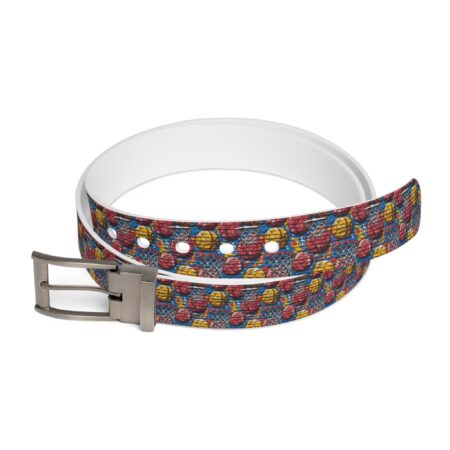 Basketball graphic all over print belt featuring red and yellow balls and nets on a blue brick background.