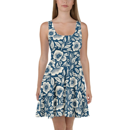 Navy blue skater dress with a vintage pattern of white flowers and leaves, featuring a seamless wrap around graphic design.