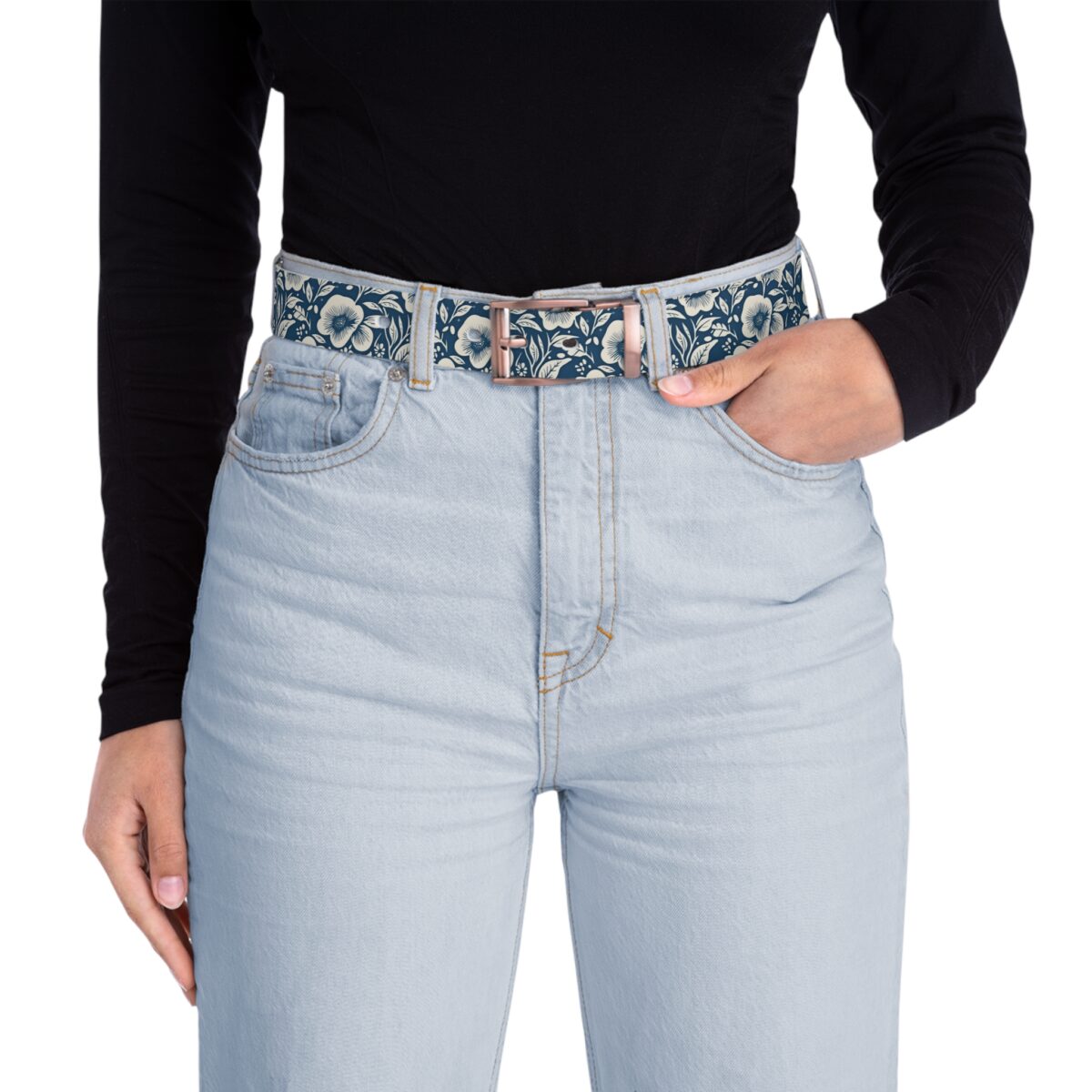 Blue and cream floral print belt with a rose gold buckle, perfect for adding a vintage pattern accent to light wash jeans.