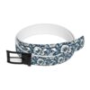 Classic blue belt featuring a repeating cream floral pattern and a matte black buckle.