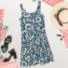 Blue and white floral all over print fit and flare sleeveless dress for women, perfect for summer.