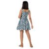 Blue and white floral print sleeveless fit and flare dress, showcasing a vintage pattern with a seamless wrap around design.