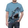 Blue and grey waves and splashes cover this graphic streetwear tee, depicting a fierce great white shark emerging from the water with its mouth open.