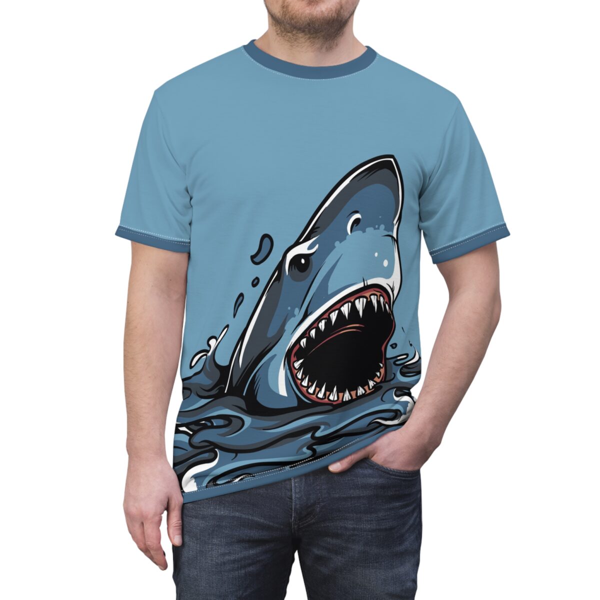 Blue and grey waves and splashes cover this graphic streetwear tee, depicting a fierce great white shark emerging from the water with its mouth open.