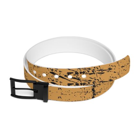 Brown belt with black grunge splatter pattern and black buckle, adjustable strap.