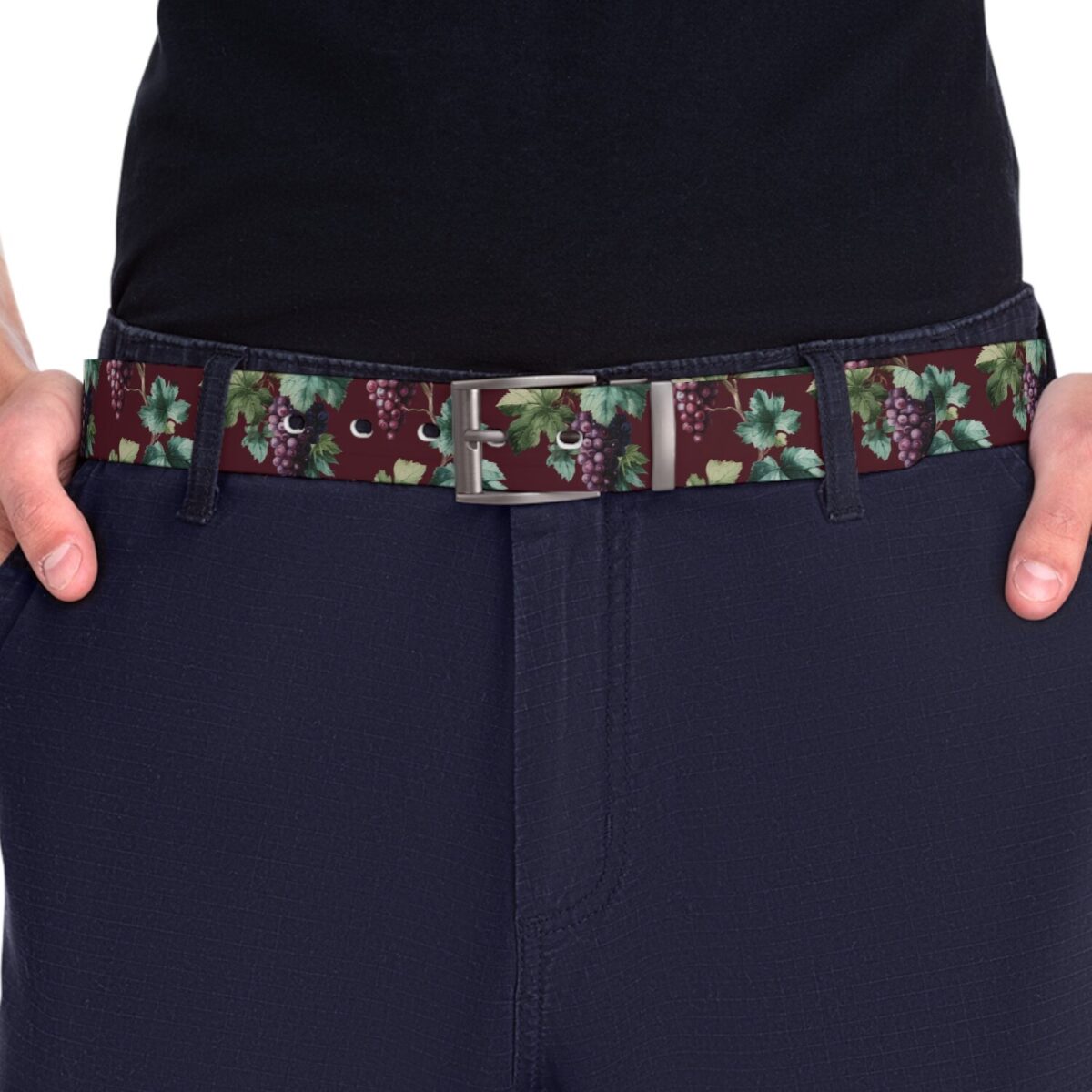Burgundy belt with a detailed grape vine pattern, featuring purple grapes and green leaves.