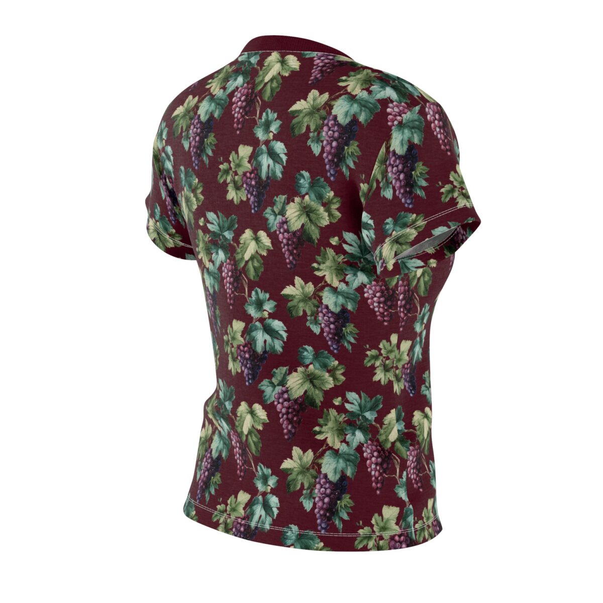 Burgundy all over print tee, featuring a detailed sublimation graphic of purple grape clusters and green leaves.