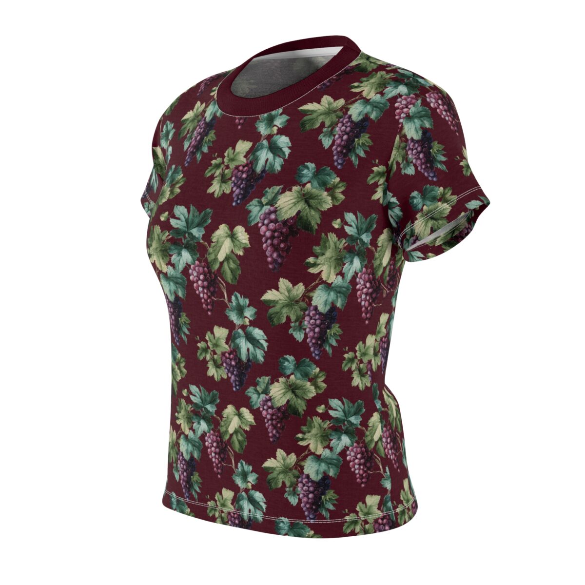 Burgundy all over print t-shirt featuring a detailed vintage grapevine and grape cluster graphic.