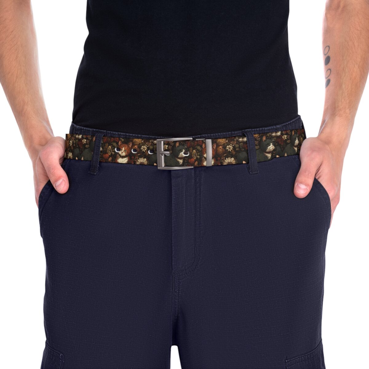 Vintage floral print belt with cats, featuring a retro repeat pattern and subtle y2k graphic elements.