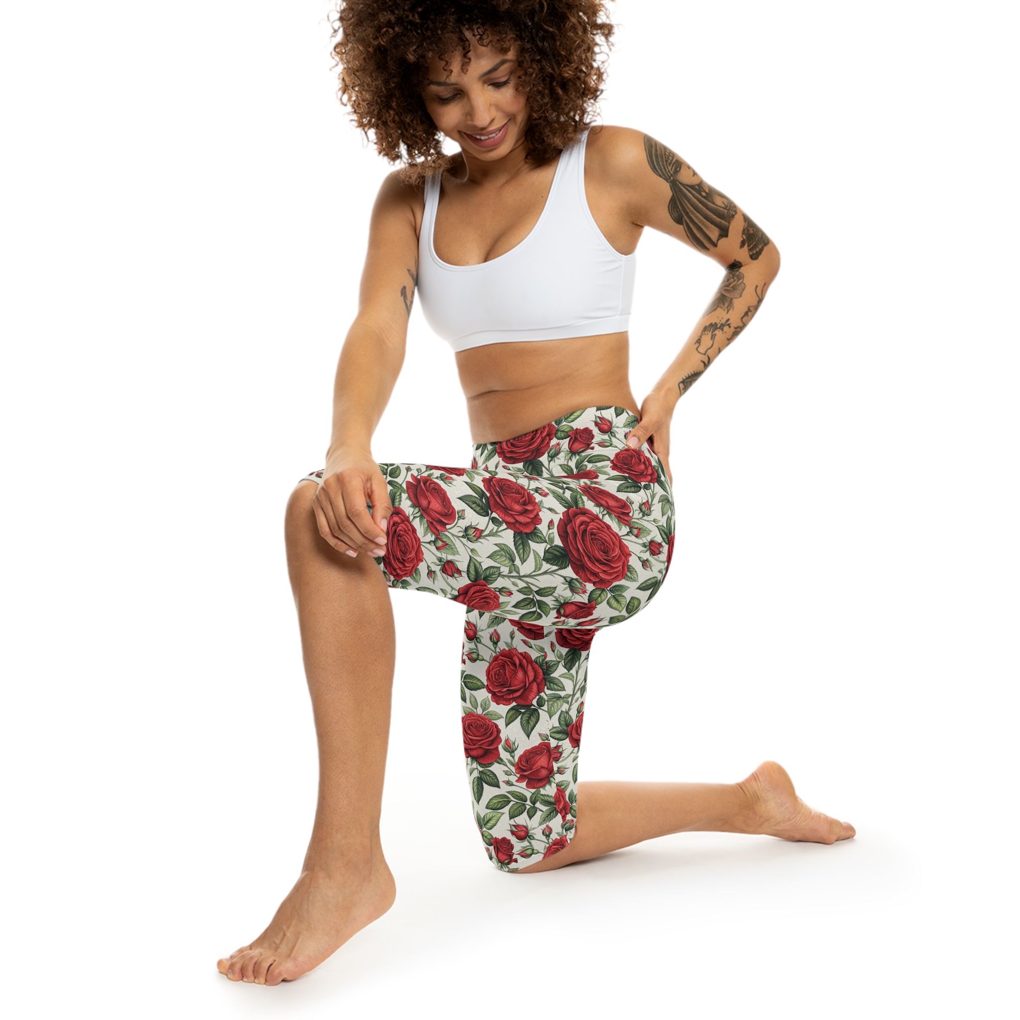 Sleek Chic Floral Rose Capri Leggings – breathable activewear capri leggings - Detail View 4