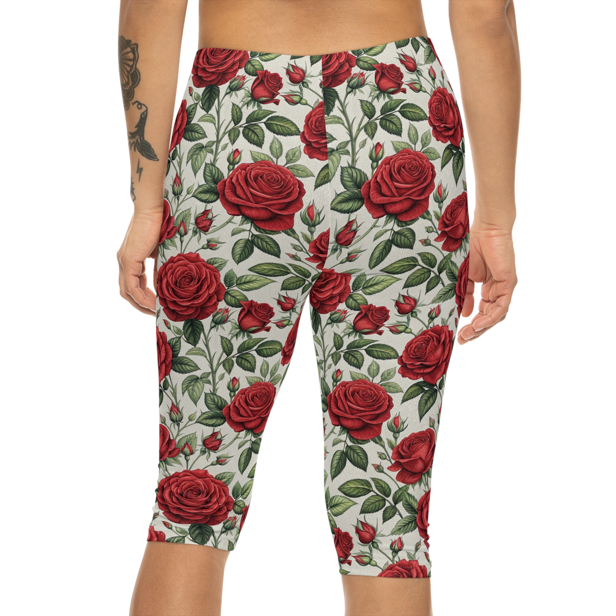 Stretchy Chic Floral Rose Capri Leggings – eye-catching printed capri pants - Detail View 3