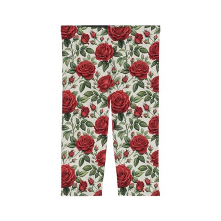 Comfortable Chic Floral Rose Capri Leggings – flattering capri-length all-over print leggings - Detail View 2
