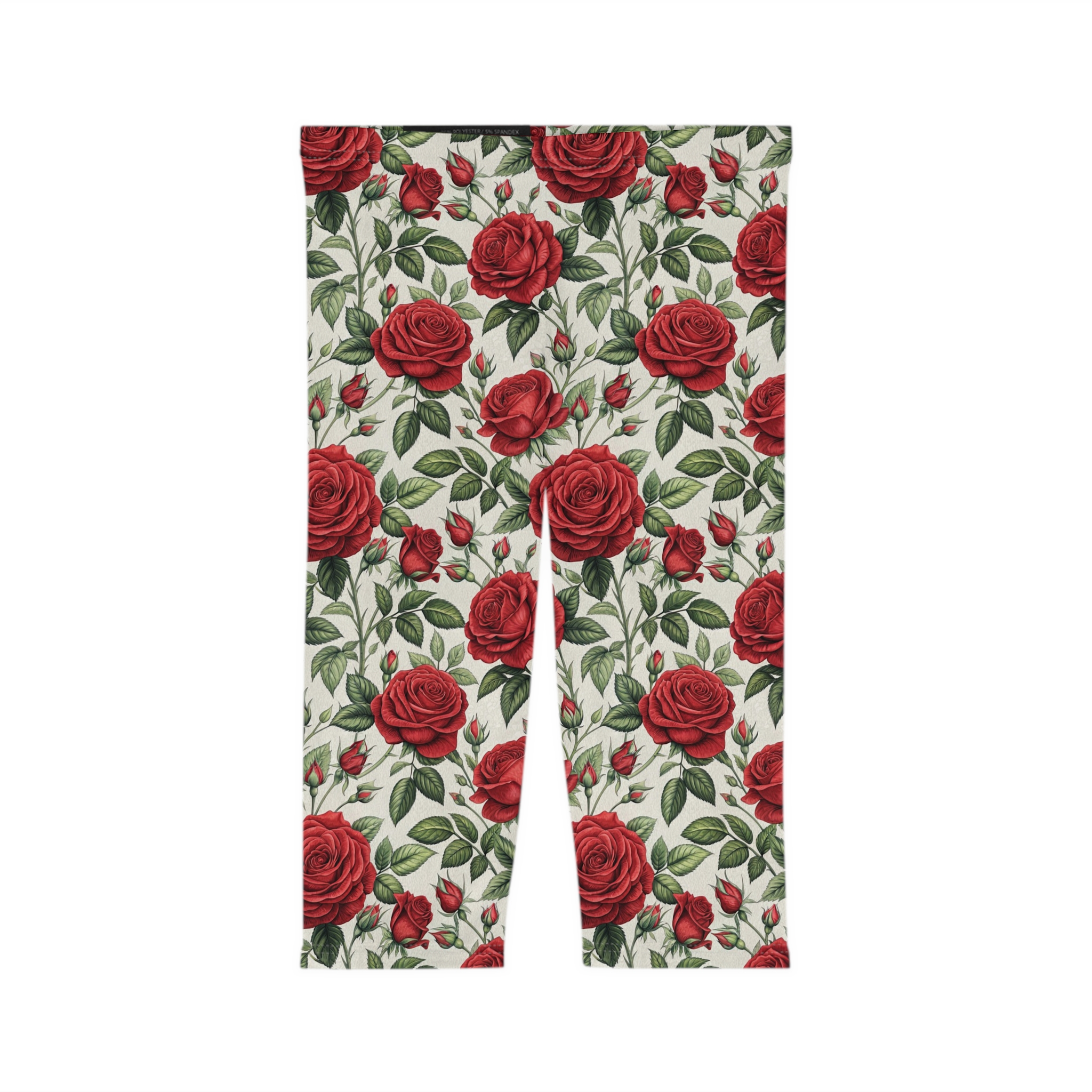Comfortable Chic Floral Rose Capri Leggings – flattering capri-length all-over print leggings - Detail View 2