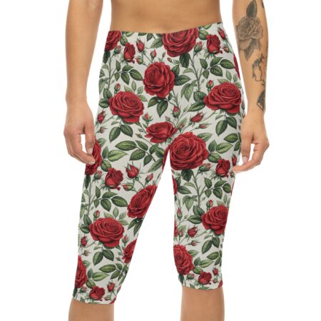 Comfortable Chic Floral Rose Capri Leggings – flattering capri-length all-over print leggings - Main View
