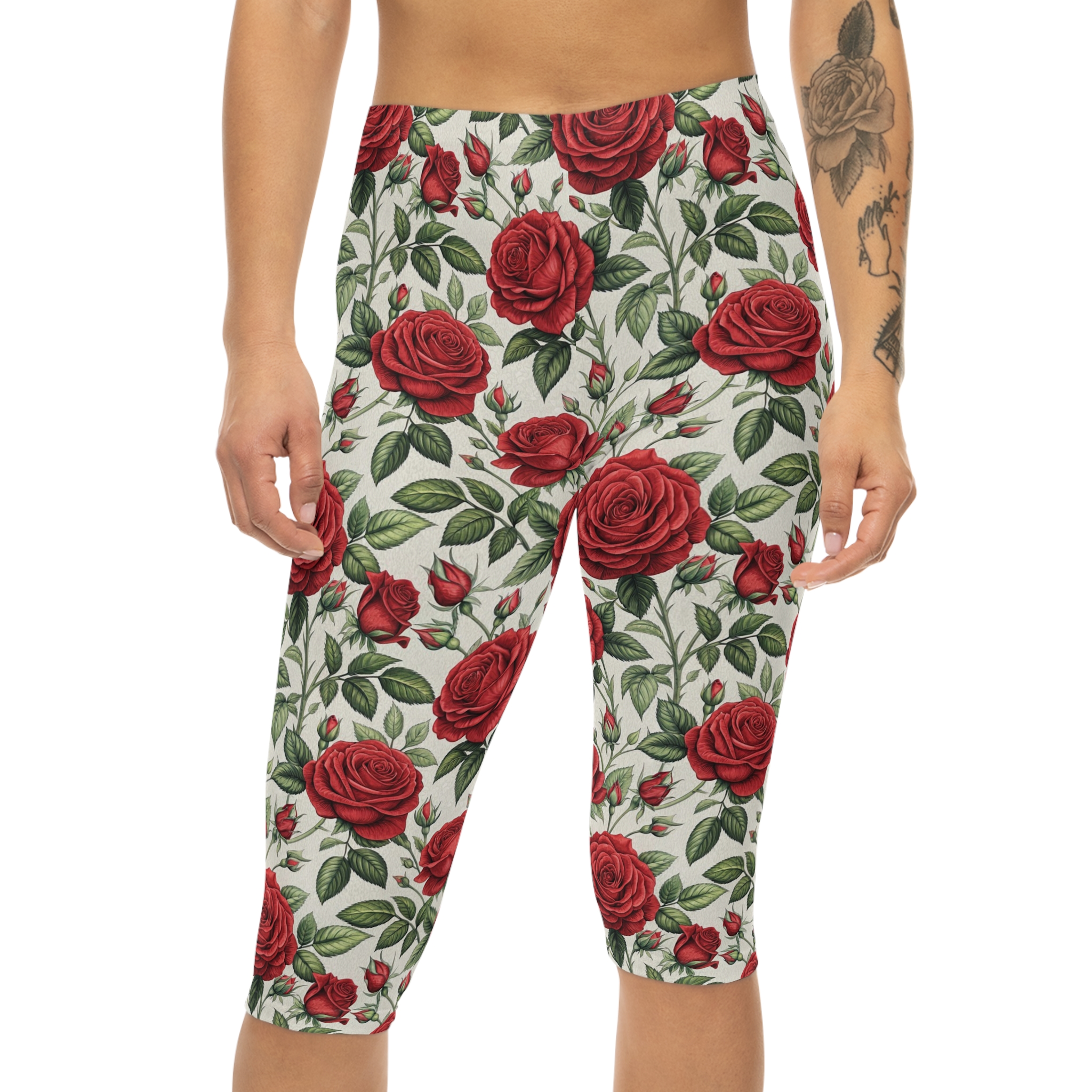 Comfortable Chic Floral Rose Capri Leggings – flattering capri-length all-over print leggings - Main View