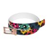 Colorful leopard print sublimation belt with rose gold buckle, featuring a vibrant and textured animal pattern.