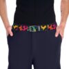 Colorful abstract leopard print belt with a metal buckle, featuring vibrant pink, yellow, teal, and black spots.
