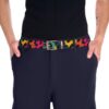 Colorful abstract leopard print belt with a rose gold buckle.