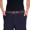 Colorful peace sign and flower print belt, vibrant retro repeat pattern, woven fabric with metal buckle accessory.