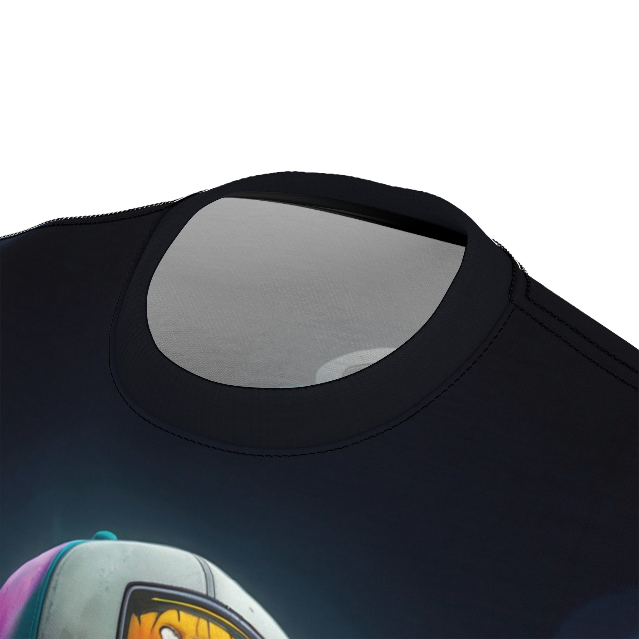 A cartoon monkey wearing a colorful baseball cap is depicted across this seamless pattern tee, against a dark, gradient background.