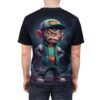 Blue, red, and green patterns cover this patterned tee shirt, featuring a cool monkey in a cap and jacket.