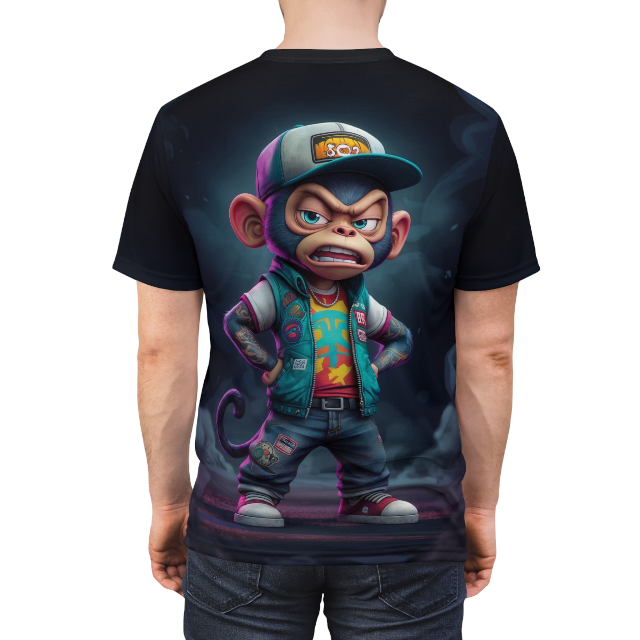 Blue, red, and green patterns cover this patterned tee shirt, featuring a cool monkey in a cap and jacket.