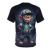 Vibrant blues, yellows, and reds in a graffiti-inspired all over print, depicting a cool monkey character with tattoos and streetwear attire.
