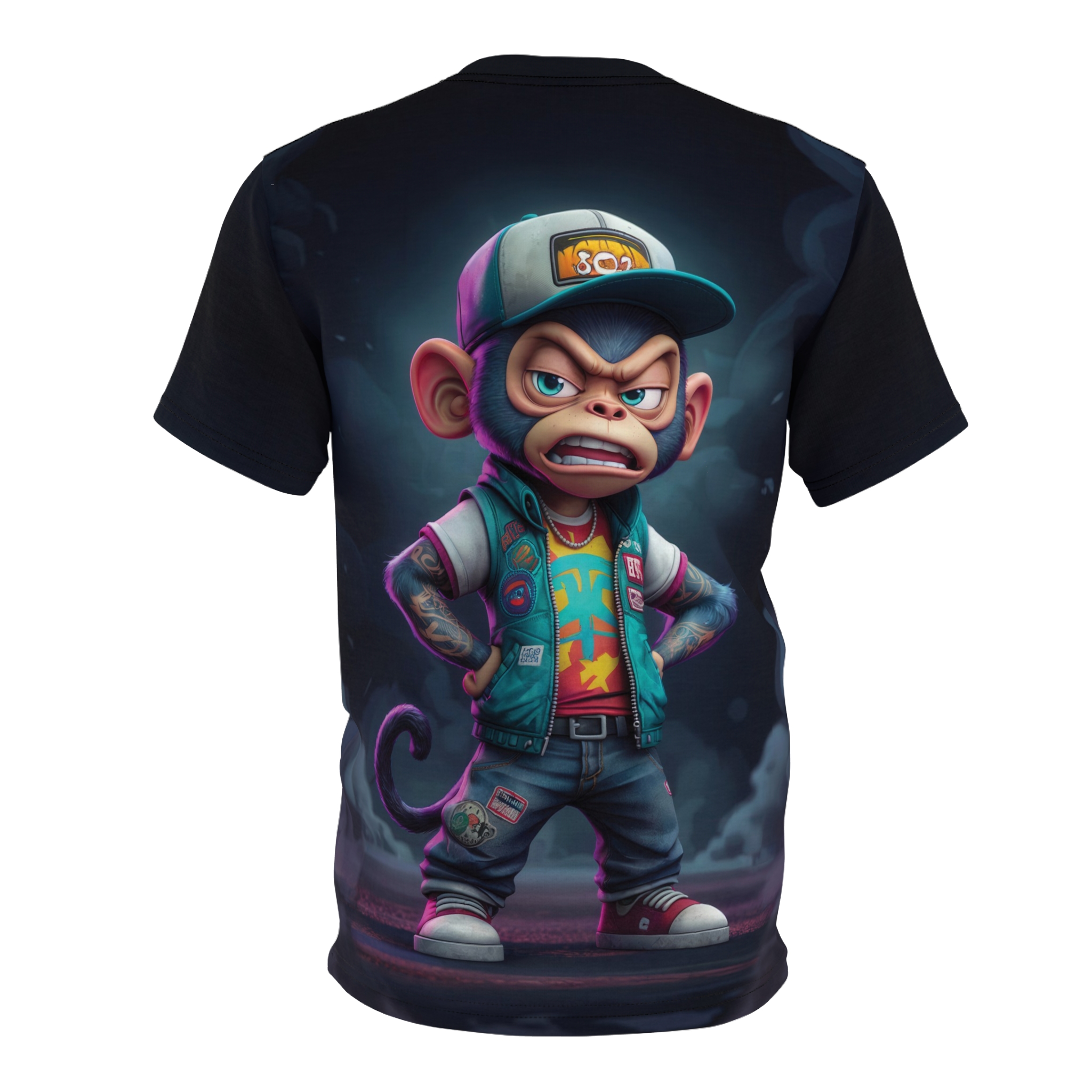 Vibrant blues, yellows, and reds in a graffiti-inspired all over print, depicting a cool monkey character with tattoos and streetwear attire.