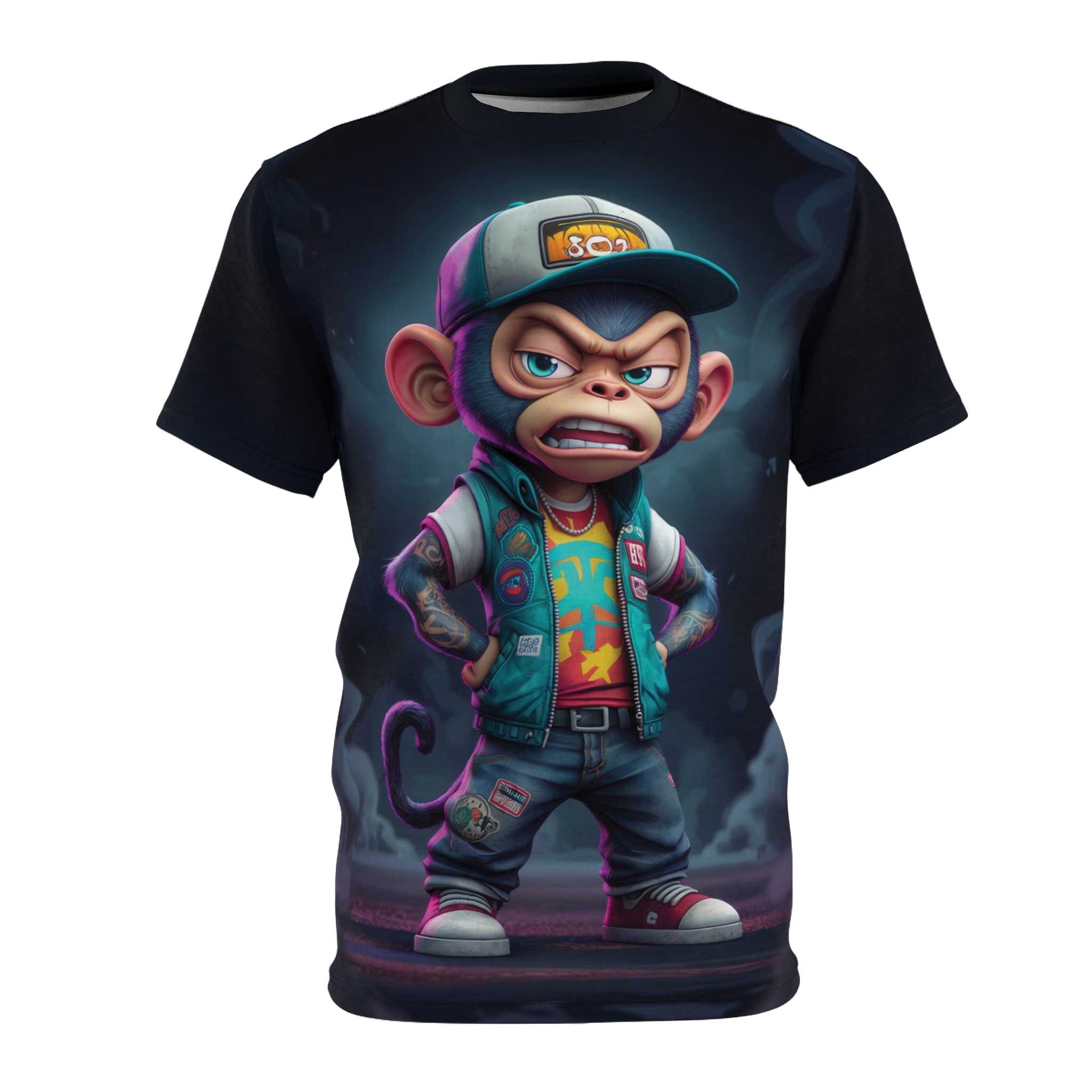 A stylized monkey in streetwear, with tattoos and patches, is depicted on this full print tee against a smoky backdrop.