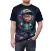 Teal, blue, and red tones on a 3D graphic t-shirt, featuring a rebellious cartoon monkey in streetwear.