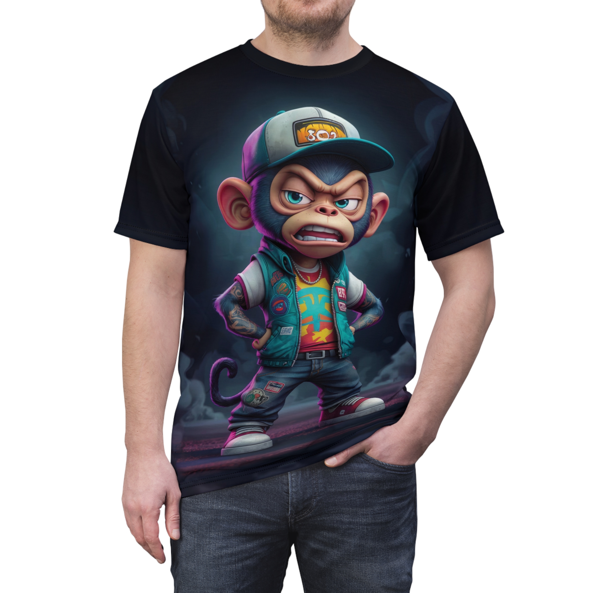 Teal, blue, and red tones on a 3D graphic t-shirt, featuring a rebellious cartoon monkey in streetwear.