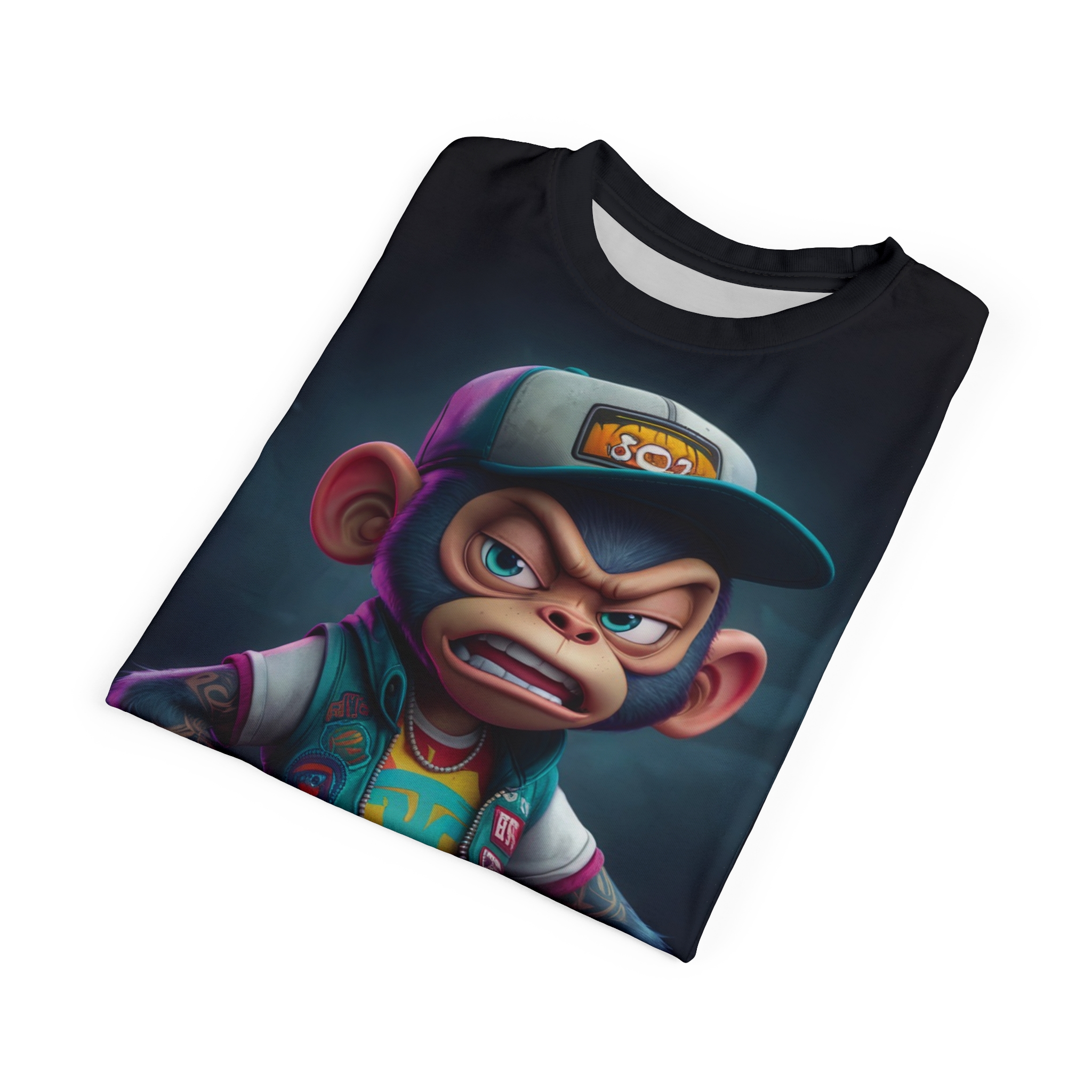 Brightly colored graffiti and a fierce monkey wearing a cap and jacket cover this all over print apparel, set against a dark, smoky background.