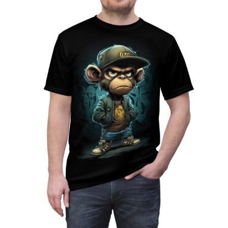 Graffiti monkey wearing a backwards baseball cap and jacket, street art graphic t-shirt design.
