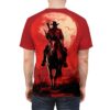 Cowboy riding a horse with a rifle under a red moon graphic sublimation tee. Features vintage pattern and wrap around design.