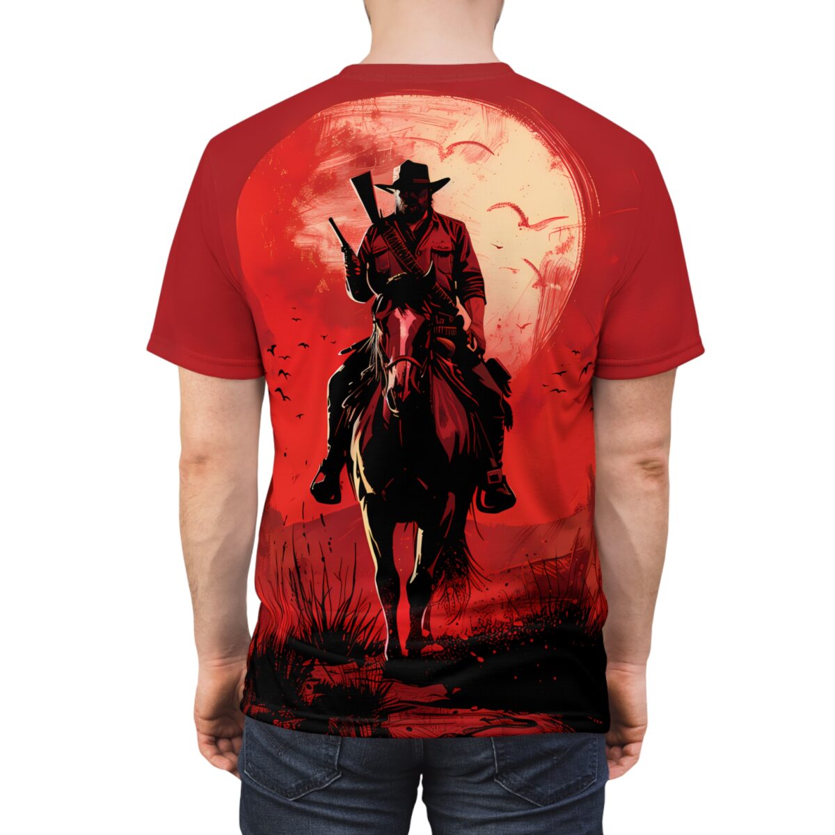 Cowboy riding a horse with a rifle under a red moon graphic sublimation tee. Features vintage pattern and wrap around design.
