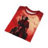 Red and cream all over print sublimation tee featuring a cowboy riding a horse, gun, and birds under a large moon.