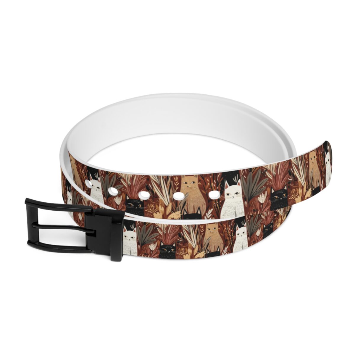 All over print belt featuring a cute cat and floral pattern with a vintage aesthetic.
