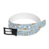Light blue belt with a seamless all over print of cartoon dogs and bones, featuring various breeds like Dalmatians.