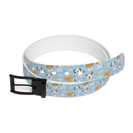Light blue belt with a seamless all over print of cartoon dogs and bones, featuring various breeds like Dalmatians.