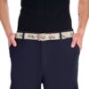 Cute puppies and kittens printed casual web belt with rose gold metal buckle set against beige background.