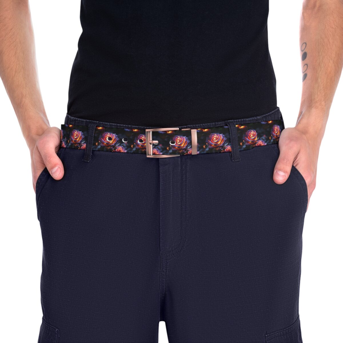 Dark rose all over print sublimation belt featuring glowing floral design and copper buckle. Streetwear aesthetic accessory.