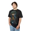 Neon blue and electric green glow around a stylized ape in a backwards cap and jacket on this all-over print tee.