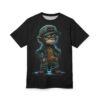 Neon blue glows surround a cartoon ape in a hat, denim jacket, and graphic tee, standing with hands on hips.
