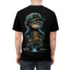 Neon blue and green hues highlight a cartoon monkey with tattoos, a green cap, and a gold shirt, standing against a dark background.